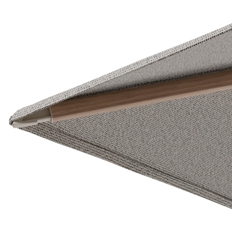 Minore zweefparasol met tiltfunctie in houtlook aluminium en Firenze Sand All Weather Solica parasoldoek - L1 350 x L2 350 cm met parasolvoet Minore 260 kg met wielen