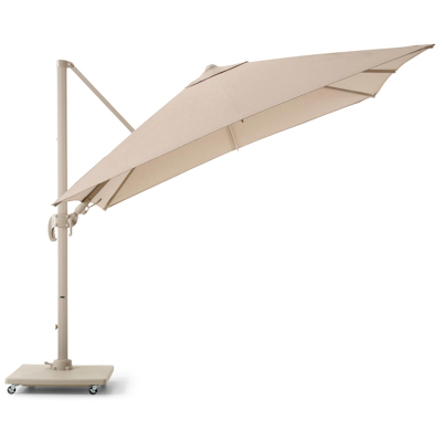 Avola zweefparasol met tiltfunctie in beige aluminium en rustic Weather+ Softtouch parasoldoek - L1 300 x L2 300 cm met Avola parasolvoet beige 90 kg