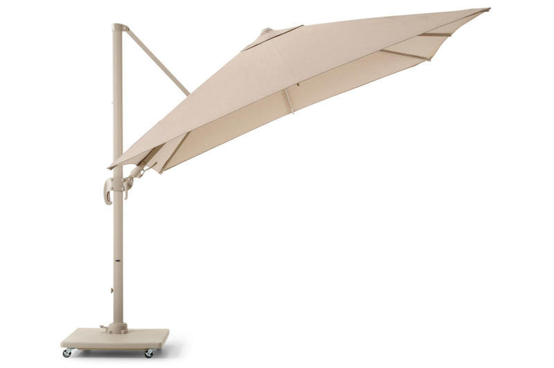 Avola zweefparasol met tiltfunctie in beige aluminium en rustic Weather+ Softtouch parasoldoek - L1 300 x L2 300 cm met Avola parasolvoet beige 90 kg