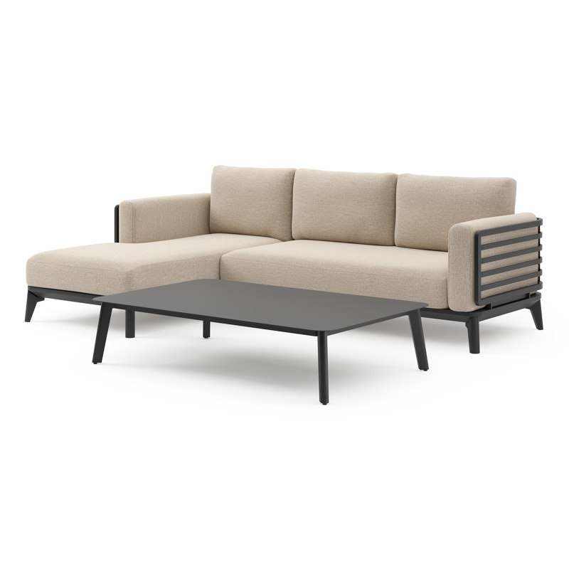 Mosa loungehoek in zwart aluminium met rustic weather+ softtouch kussens en loungetafel