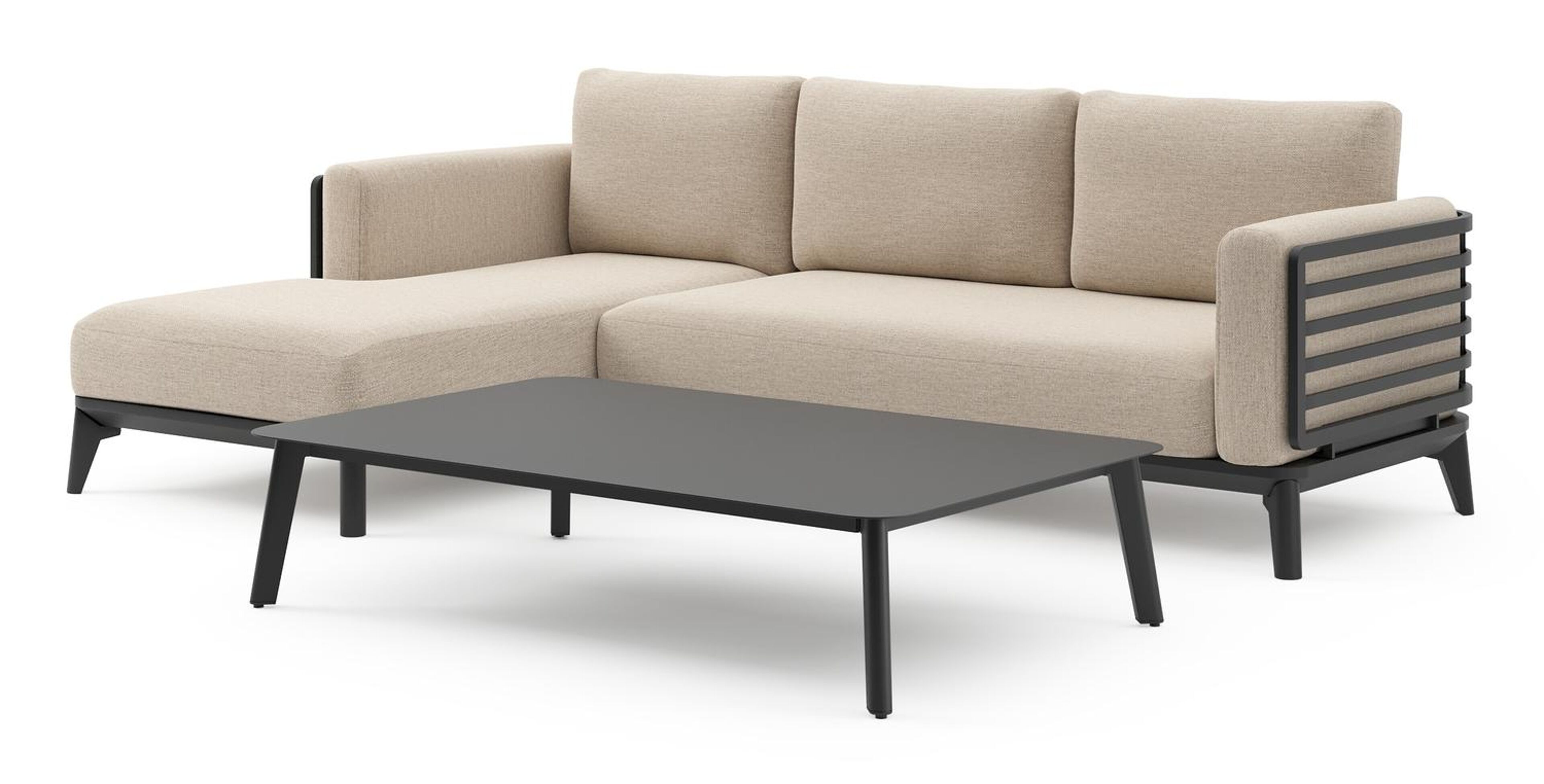 Mosa loungehoek in zwart aluminium met rustic weather+ softtouch kussens en loungetafel