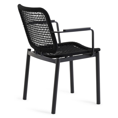 Fano stapelbare tuinstoel in zwart aluminium en zwart vierkant geweven rope