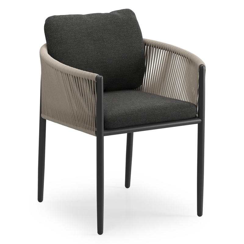 Organo tuinstoel in zwart aluminium en zwart verticaal geweven ronde rope met stoelkussen in All Weather Sunbrella® Luxe Chartres Sooty