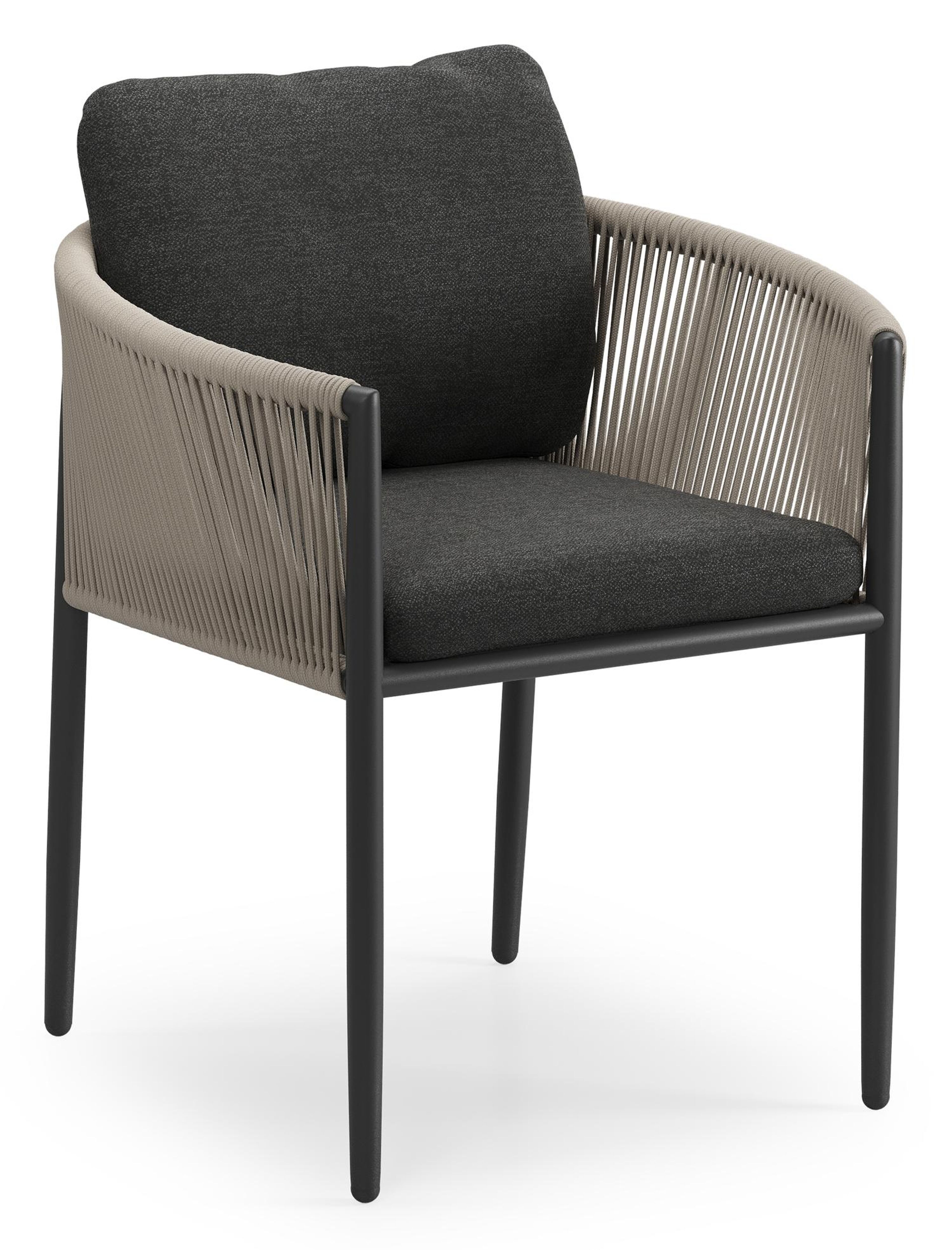 Organo tuinstoel in zwart aluminium en zwart verticaal geweven ronde rope met stoelkussen in All Weather Sunbrella® Luxe Chartres Sooty