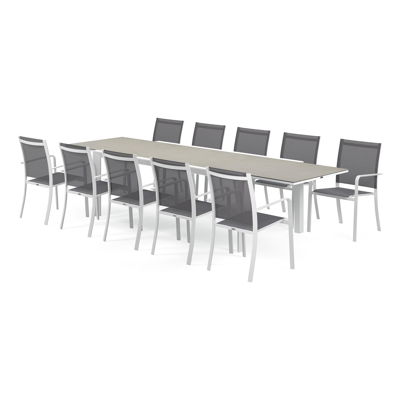 Aspra tuinset met verlengbare tafel in wit aluminium en grijs volkeramiek op glas tafelblad met 10 stapelbare Calobra tuinstoelen