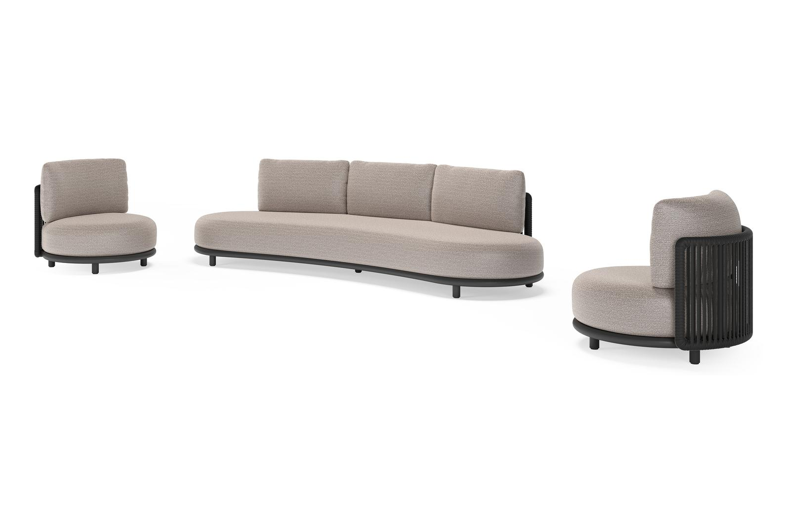 Salon de jardin Lomano en aluminium noir et corde luxe plate tissée verticalement noir et coussins en all weather sunbrella® luxe wander granite