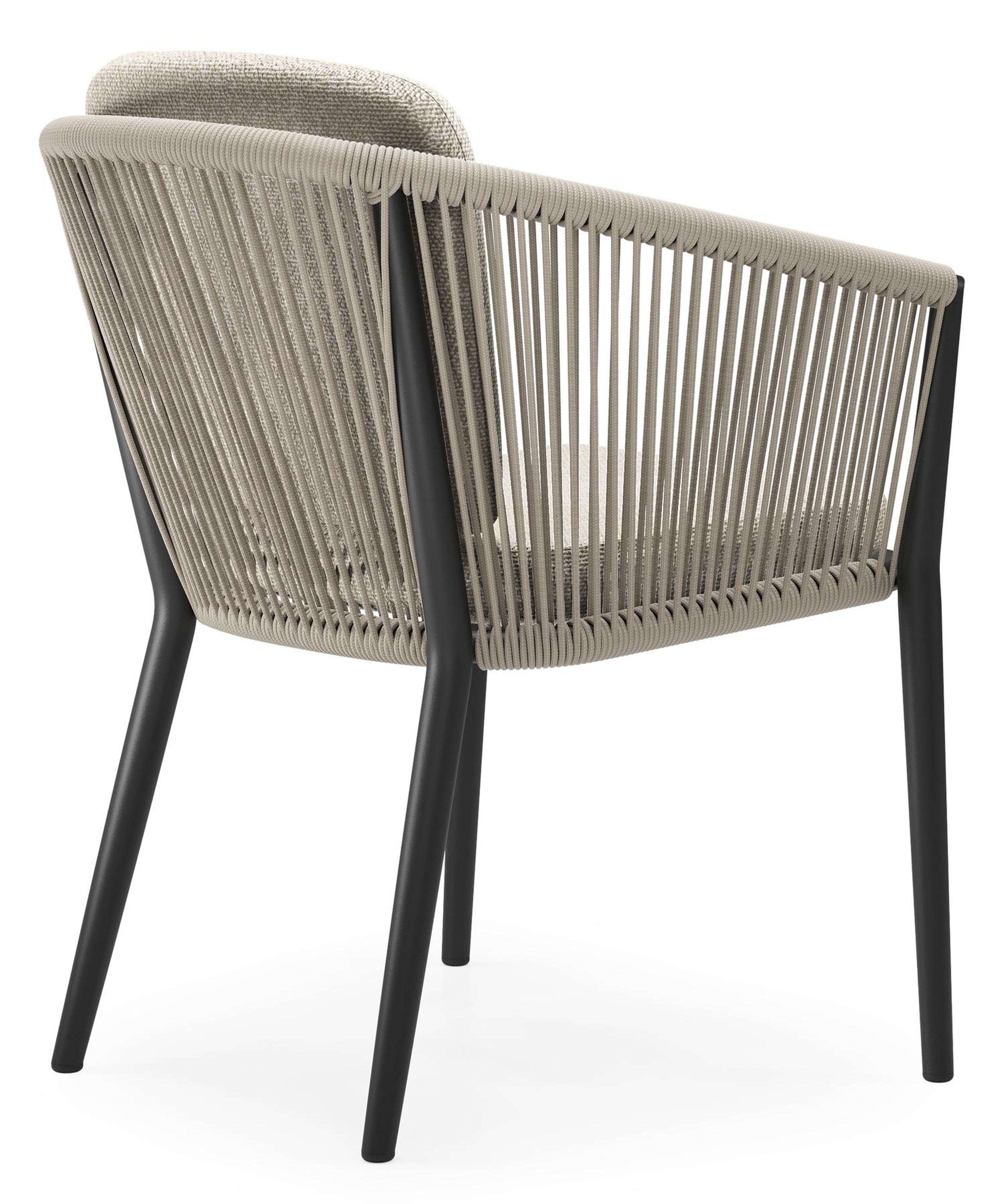 Orso tuinstoel in zwart aluminium en beige verticaal geweven ronde rope met zitkussen in All Weather Cosytica Marbella Ecru