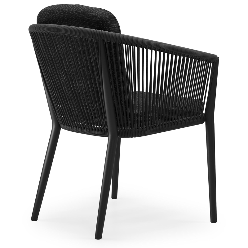 Orso tuinstoel in zwart aluminium en zwart verticaal geweven ronde rope met luxe zitkussen in All Weather Sunbrella® Luxe Lopi Baribal