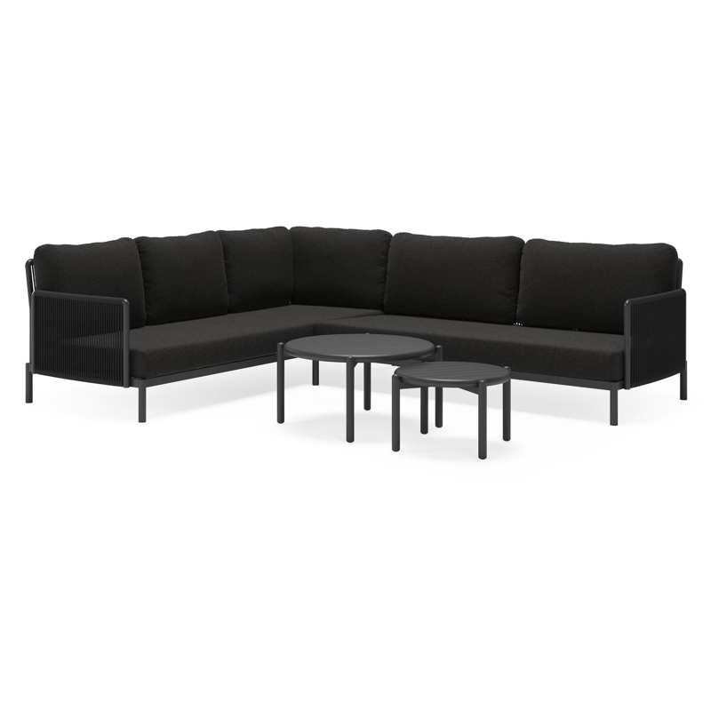 Amarante loungehoek in zwart aluminium en zwart verticaal geweven ronde rope met zwart Weather+ Softtouch kussen