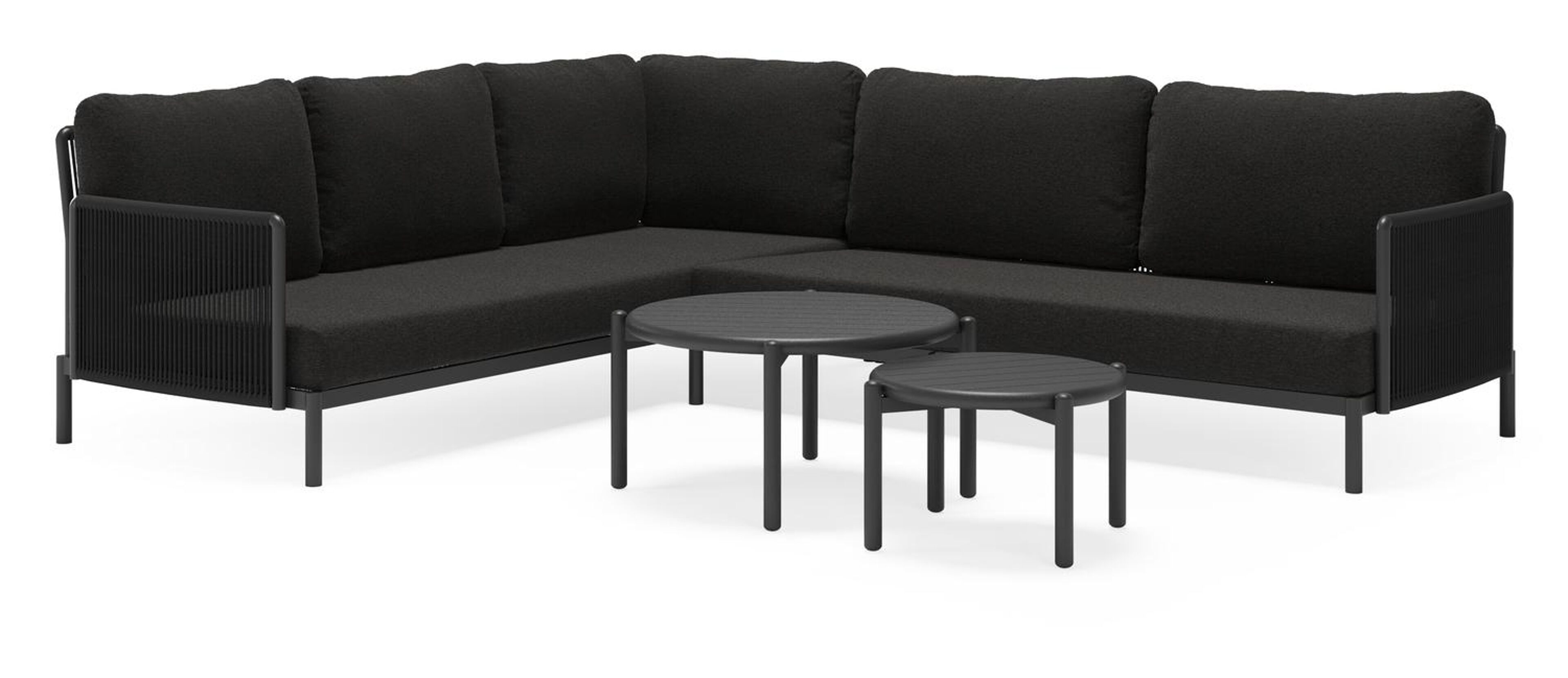 Amarante loungehoek in zwart aluminium en zwart verticaal geweven ronde rope met zwart Weather+ Softtouch kussen