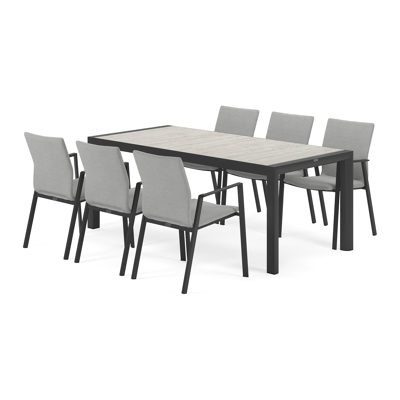 Madura tuinset in zwart aluminium en travertin keramische tegels tafelblad met 6 stapelbare Madura tuinstoelen