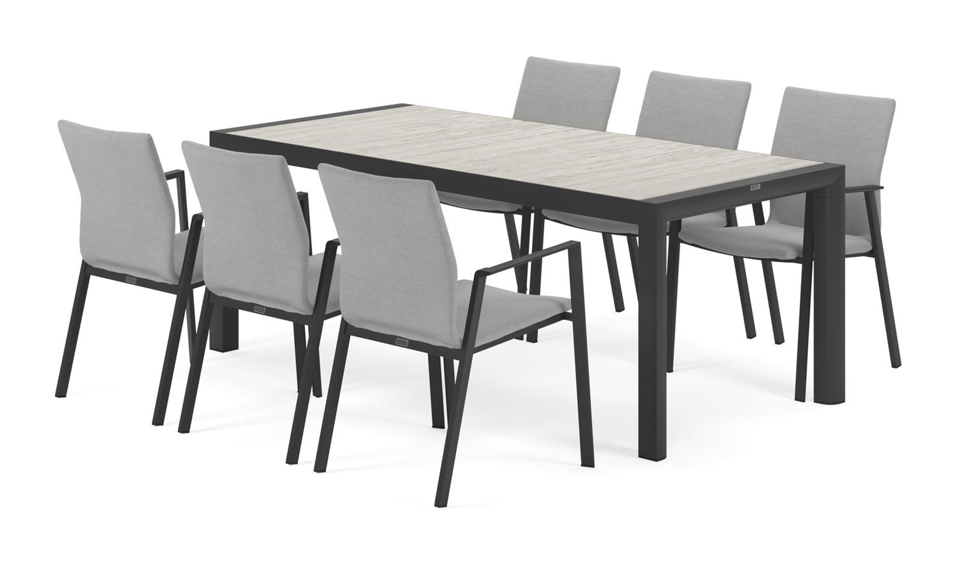 Madura tuinset in zwart aluminium en travertin keramische tegels tafelblad met 6 stapelbare Madura tuinstoelen