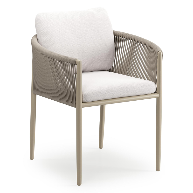 Organo tuinstoel in zwart aluminium en beige verticaal geweven ronde rope met stoelkussen in All Weather Sunbrella® Luxe Savane Whisper