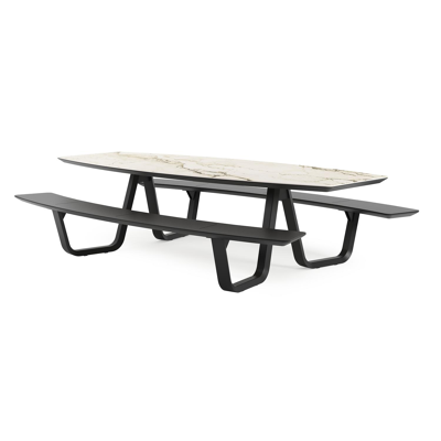 Table de pique-nique Forno forme de bateau en aluminium noir et céramique pleine - Lg.ong. 280 x Larg. 192 x 72 cm