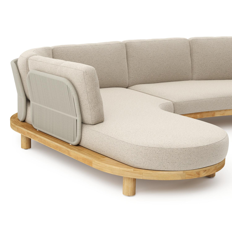 Donato loungehoek in teak en beige verticaal geweven ronde rope met all weather cosytica Marbella Beige kussen