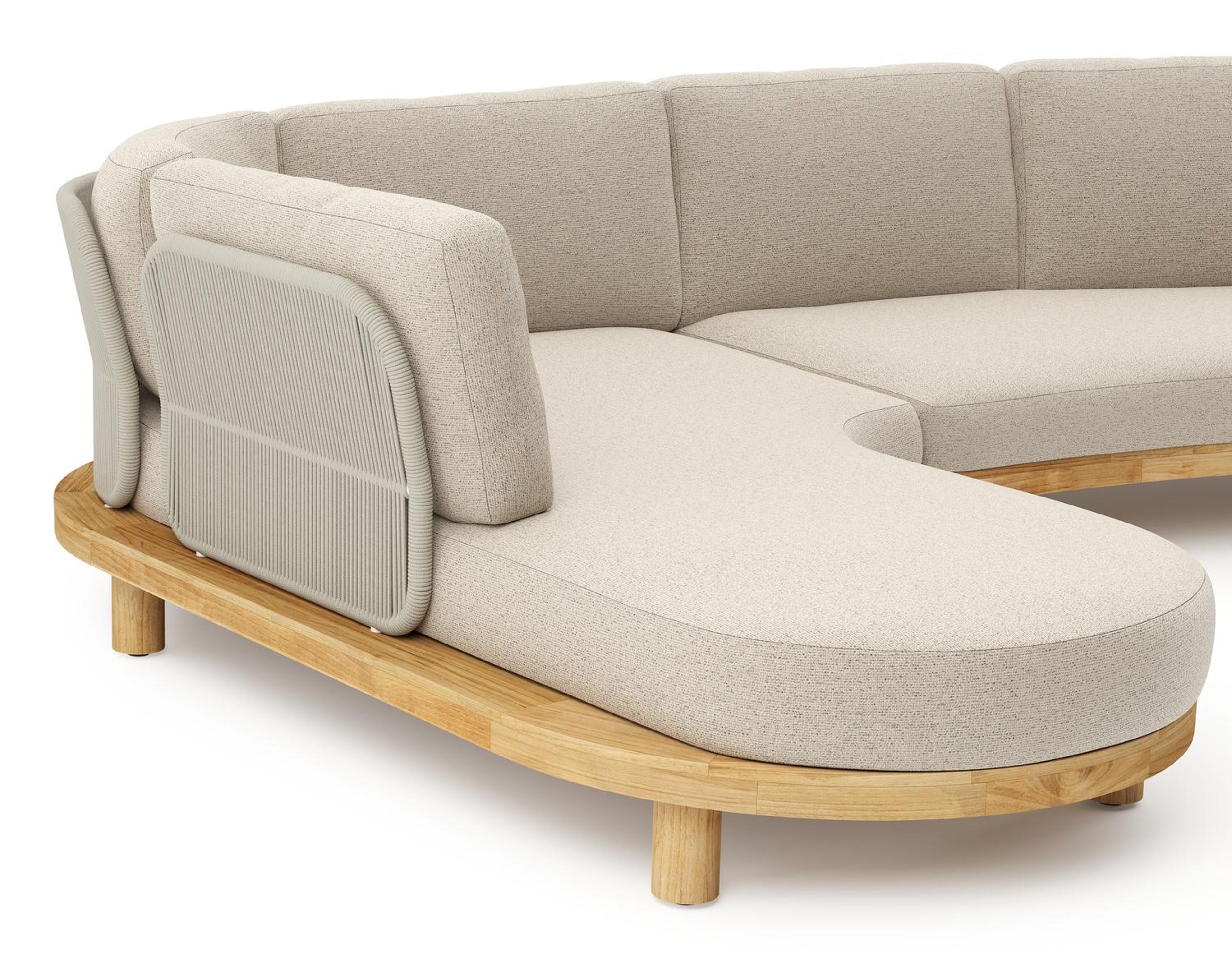 Salon de jardin d'angle Donato en teck et corde ronde tissée verticalement beige et coussins en all weather cosytica Marbella Beige