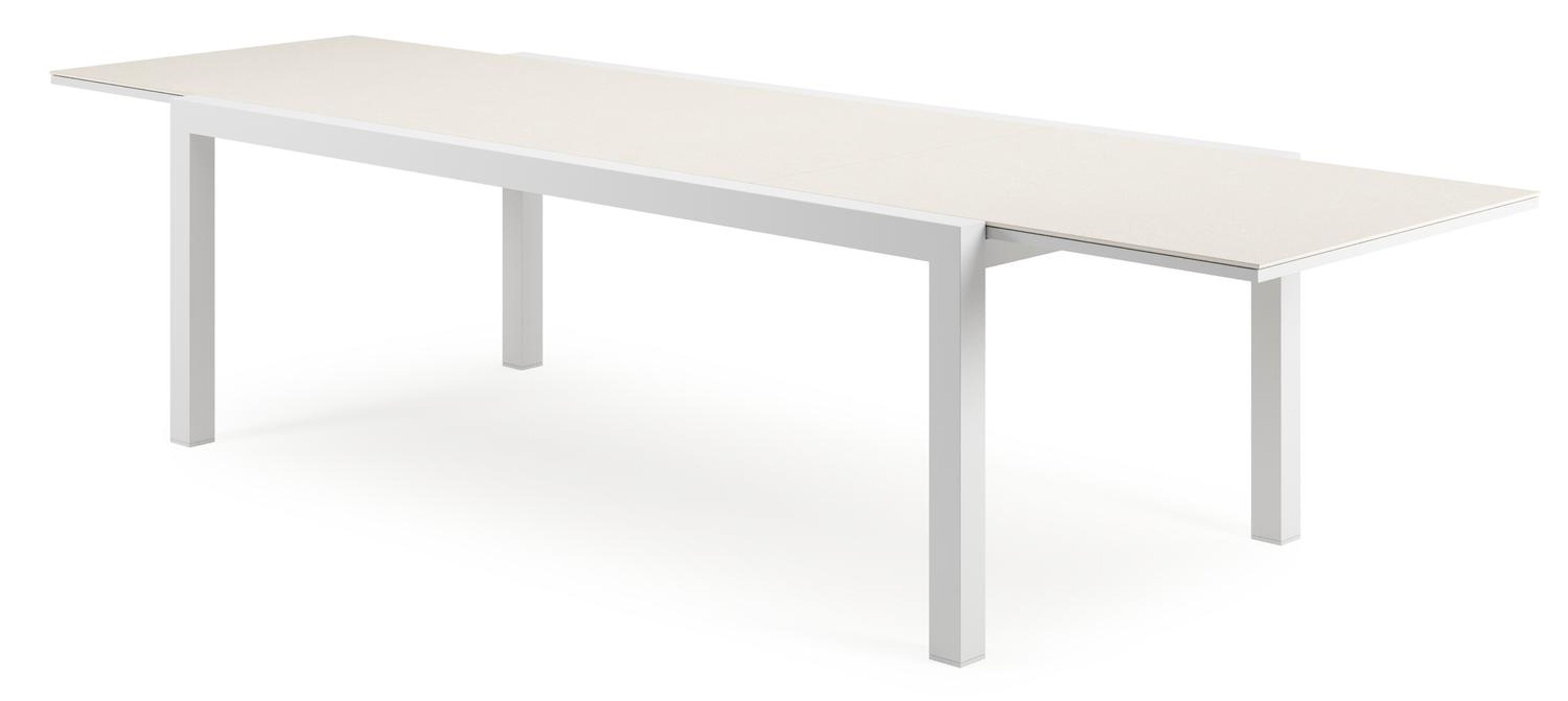 Calobra uitschuifbare tuinset in wit aluminium en crema minerale sintered stone met 10 Leon tuinstoelen