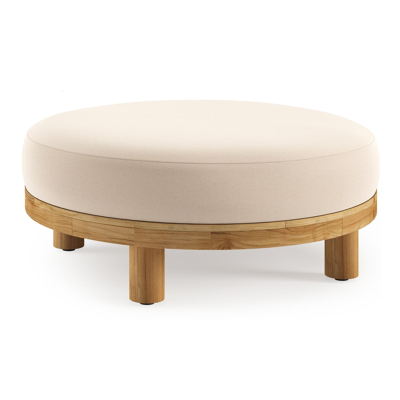 Donato lounge poef in teak en beige verticaal geweven ronde rope met all weather sunbrella® luxe Natte Linen Chalk kussen