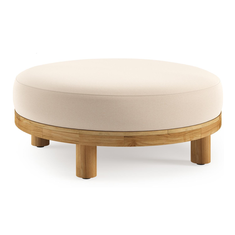 Donato lounge poef in teak en beige verticaal geweven ronde rope met all weather sunbrella® luxe Natte Linen Chalk kussen