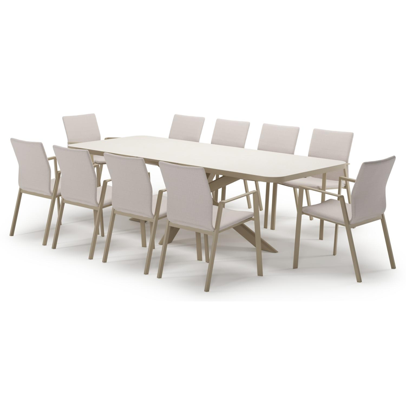 Estella verlengbare tuinset rechthoekig in beige aluminium en sintered stone Crema minerale met 10 Madura tuinstoelen