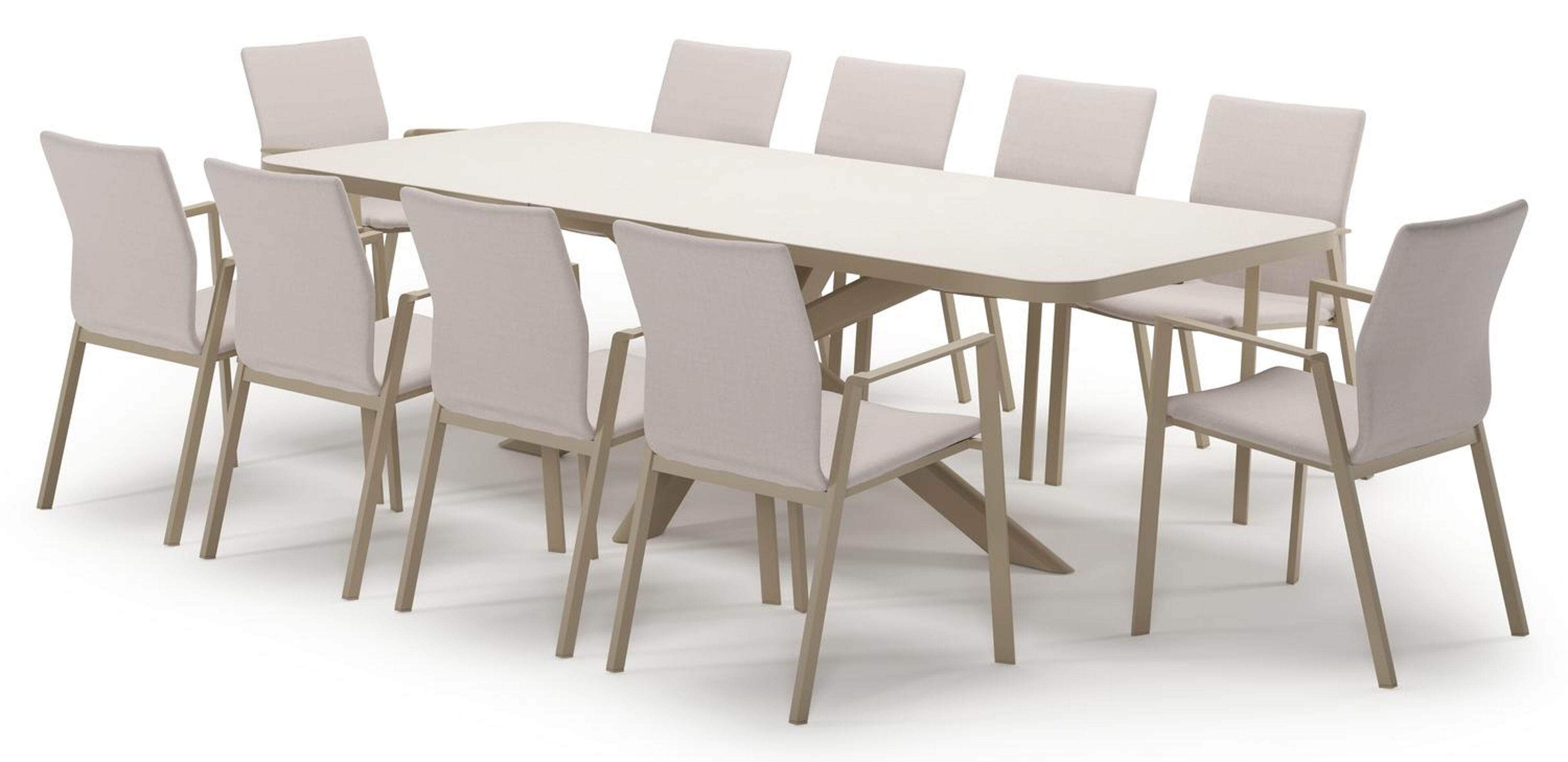 Estella verlengbare tuinset rechthoekig in beige aluminium en sintered stone Crema minerale met 10 Madura tuinstoelen