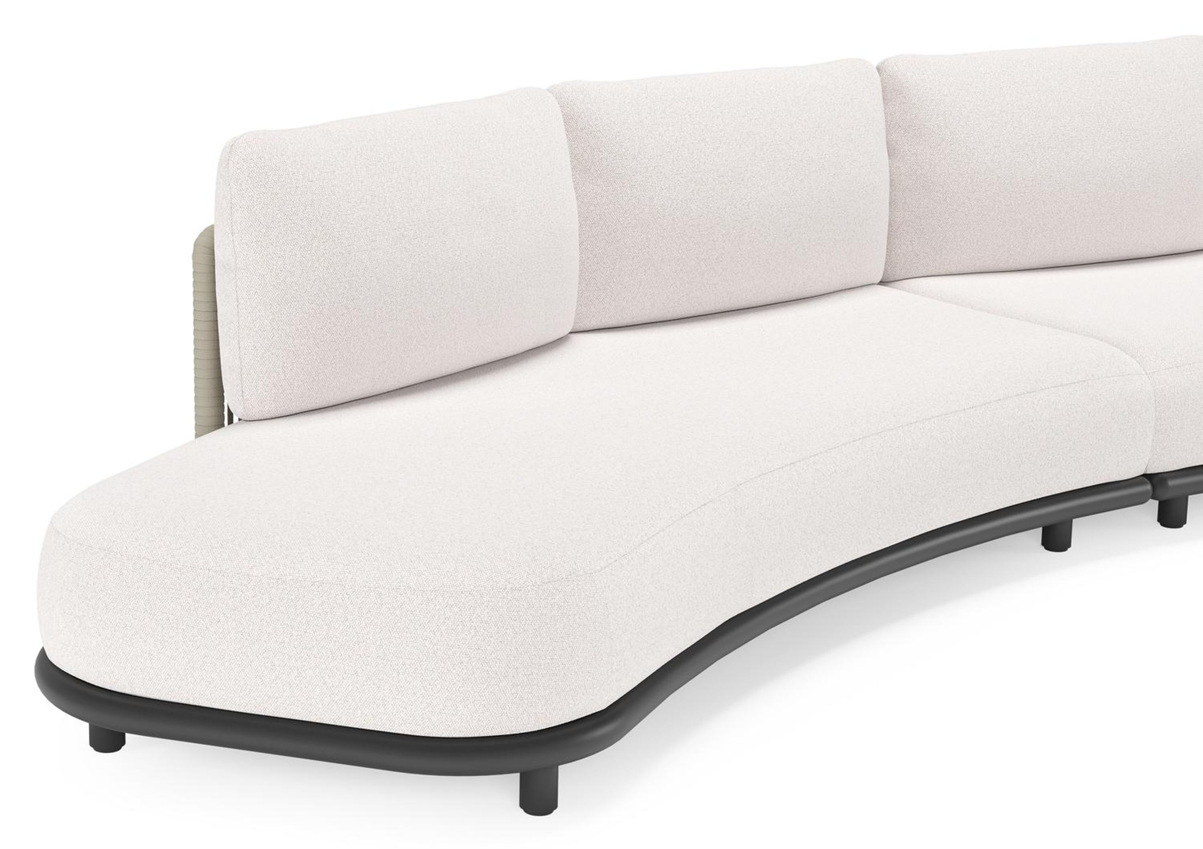 Lomano loungebank in zwart aluminium en beige verticaal geweven luxe vlakke rope met Ego Eggshell all weather solica