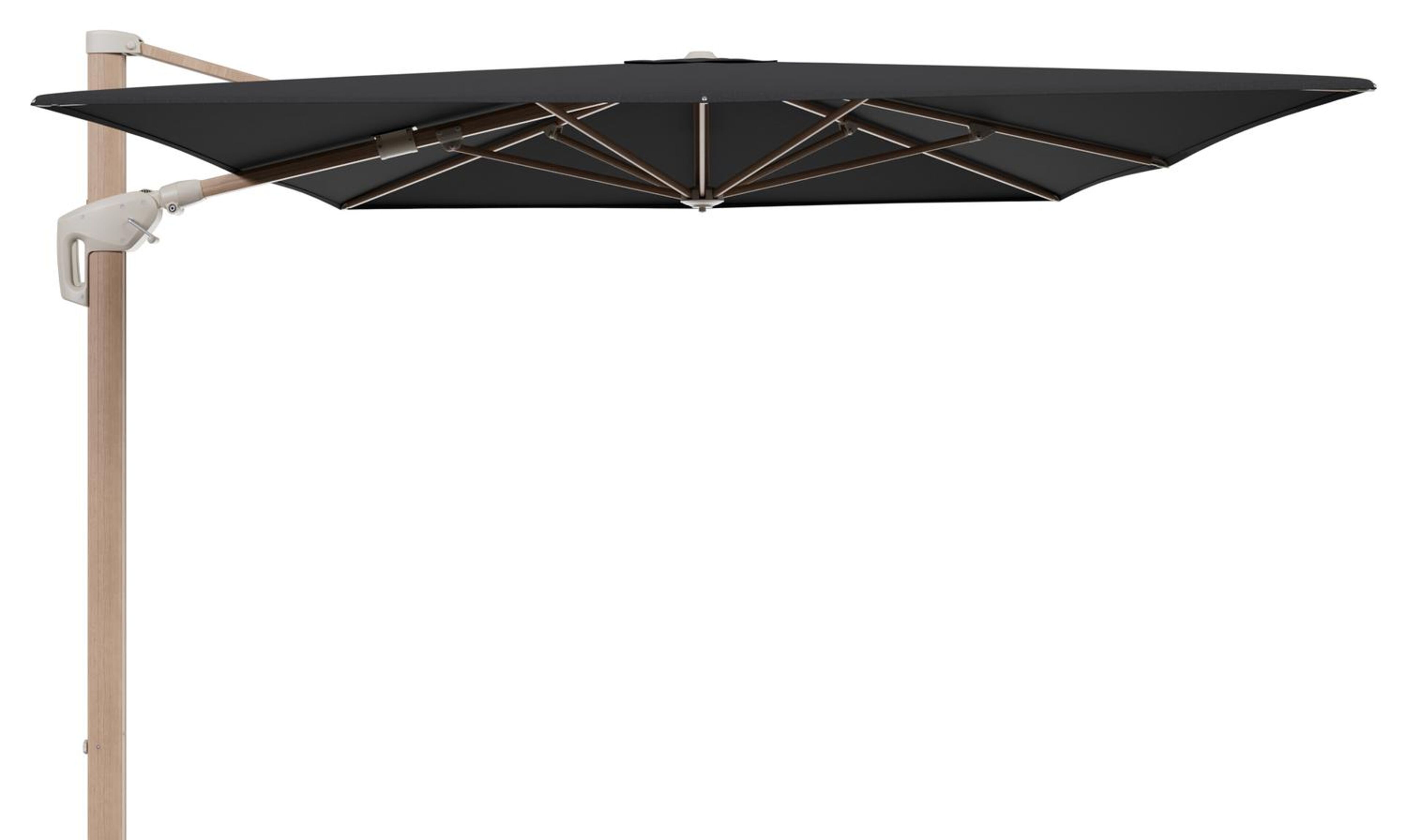 Minore zweefparasol met tiltfunctie in houtlook aluminium en Natte Sooty All Weather Sunbrella® Luxe parasoldoek - L1: 400 x L2: 300 cm (zonder voet)