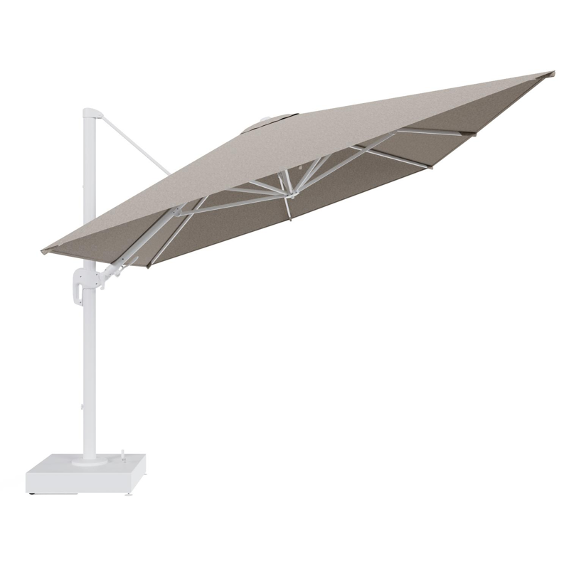 Rufina zweefparasol met tiltfunctie in wit aluminium en Chartres Pewter All Weather Sunbrella® Luxe parasoldoek - L1 400 x L2 300 cm met parasolvoet Minore 150 kg met wielen