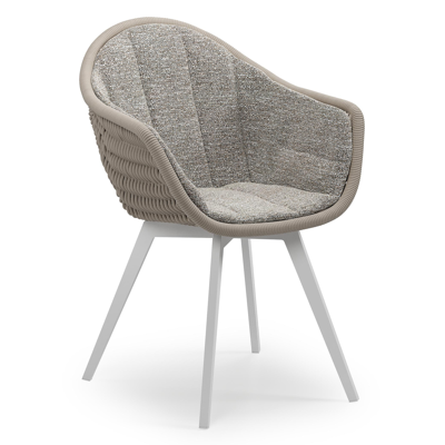 Pagino tuinstoel in wit aluminium en beige verticaal geweven ronde rope met zitkussen in All Weather Sunbrella® Luxe Tundra Pepper