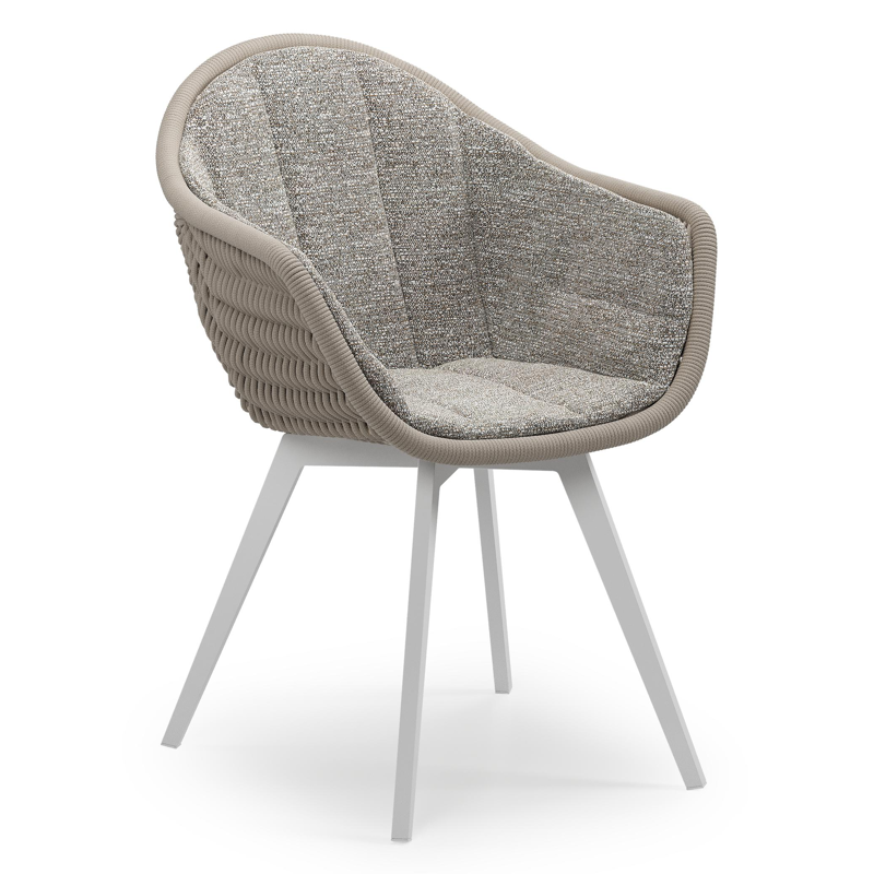 Pagino tuinstoel in wit aluminium en beige verticaal geweven ronde rope met zitkussen in All Weather Sunbrella® Luxe Tundra Pepper