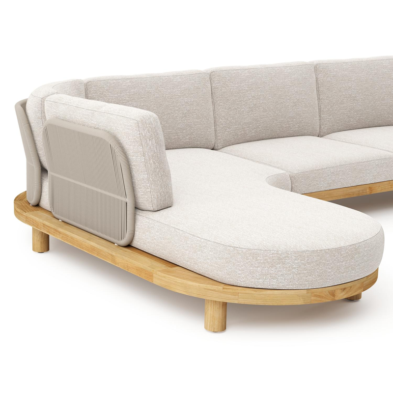 Salon de jardin d'angle Donato en teck et corde ronde tissée verticalement beige et coussins en all weather sunbrella® luxe Tundra Sand