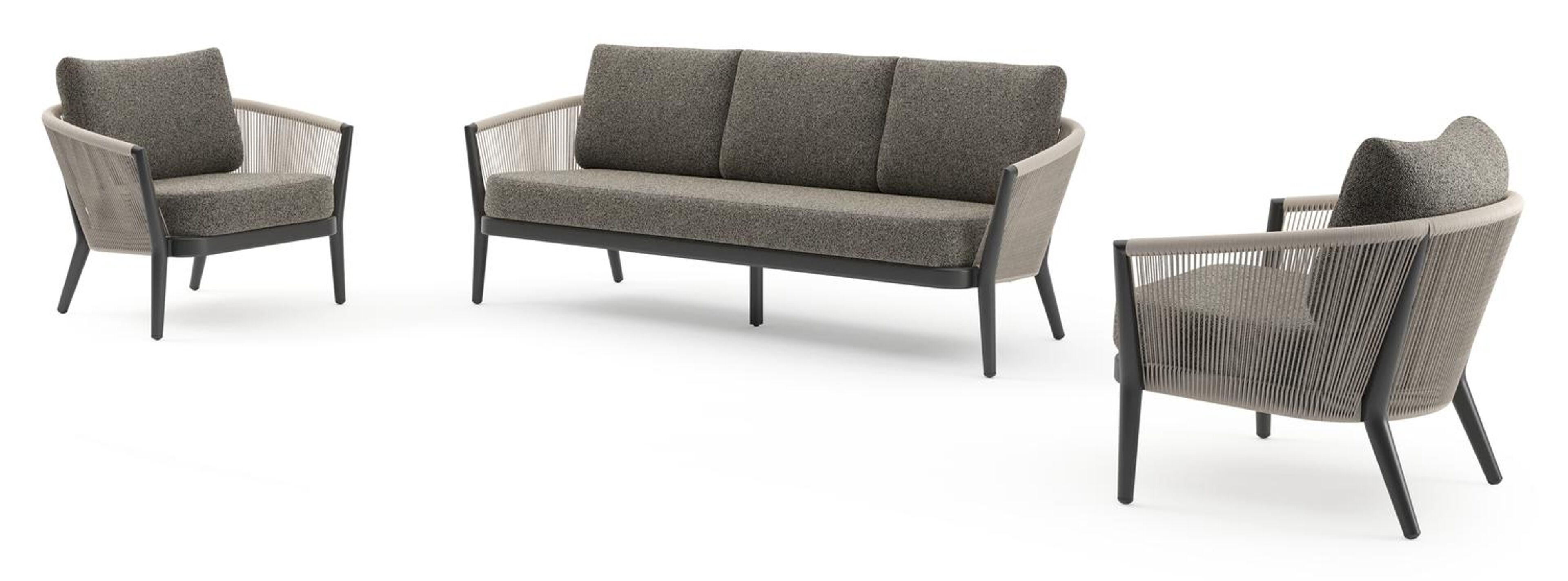 Salon de jardin Orso en aluminium noir en corde ronde tissée verticalement beige et coussins en all weather cosytica Marbella Tunder