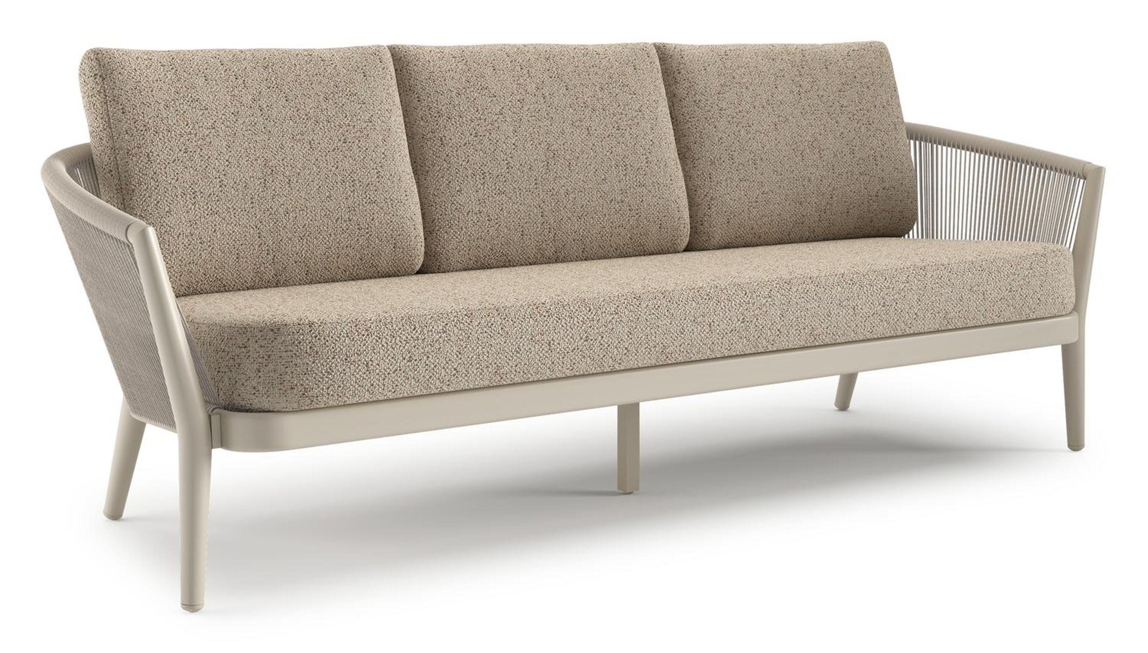 Orso loungebank in beige aluminium en beige verticaal geweven ronde rope met Bora Jungle all weather cosytica kussen