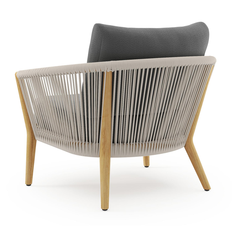 Orso loungestoel in teak en beige verticaal geweven ronde rope met Lopi Shadow all weather sunbrella® luxe kussen