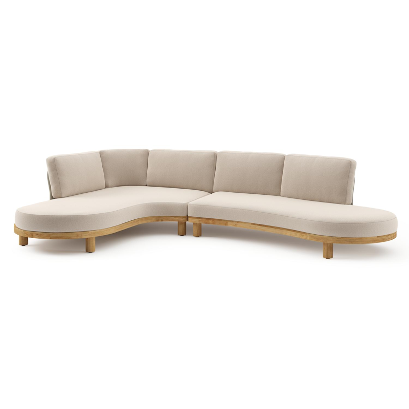 Salon de jardin d'angle Donato en teck et corde ronde tissée verticalement beige et coussins en all weather sunbrella® luxe Heritage Ash