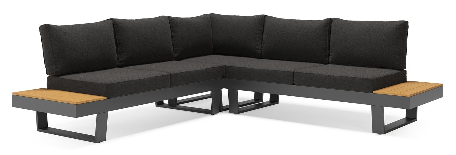 Salon de jardin d'angle Alora en aluminium noir et polywood et coussins en weather+ softtouch noir
