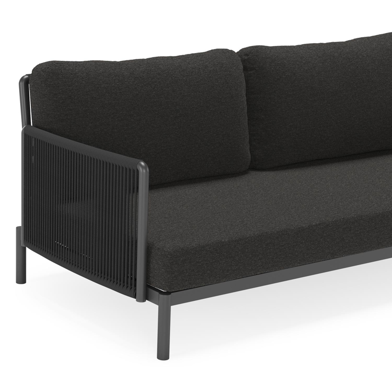 Amarante loungeset in zwart aluminium en zwart verticaal geweven ronde rope met zwart Weather+ Softtouch kussen