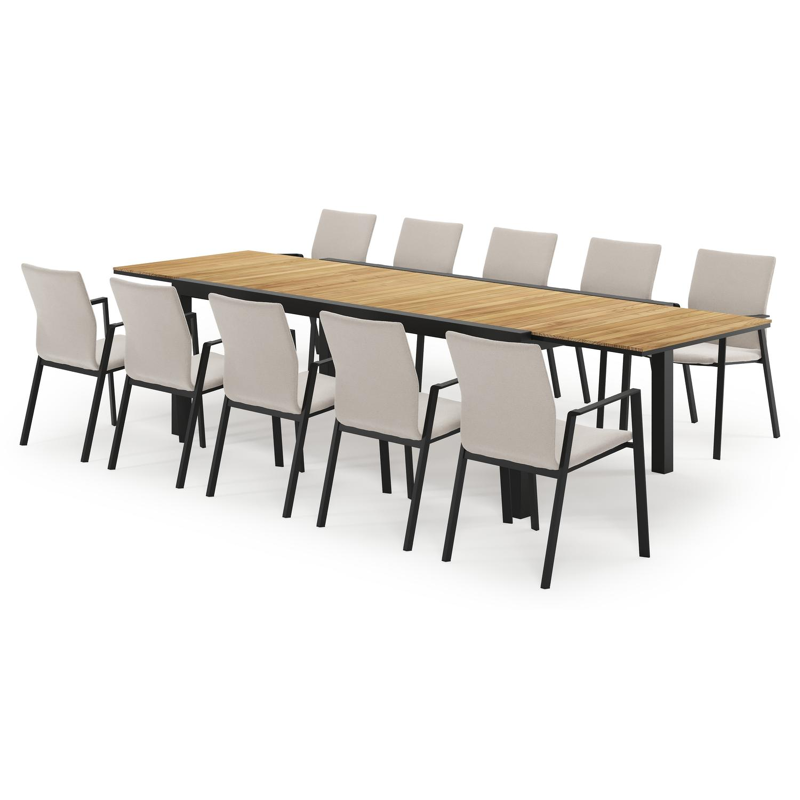 Calobra ensemble de jardin extensible rectangulaire en aluminium noir en teck naturel avec 10 chaises de jardin Madura