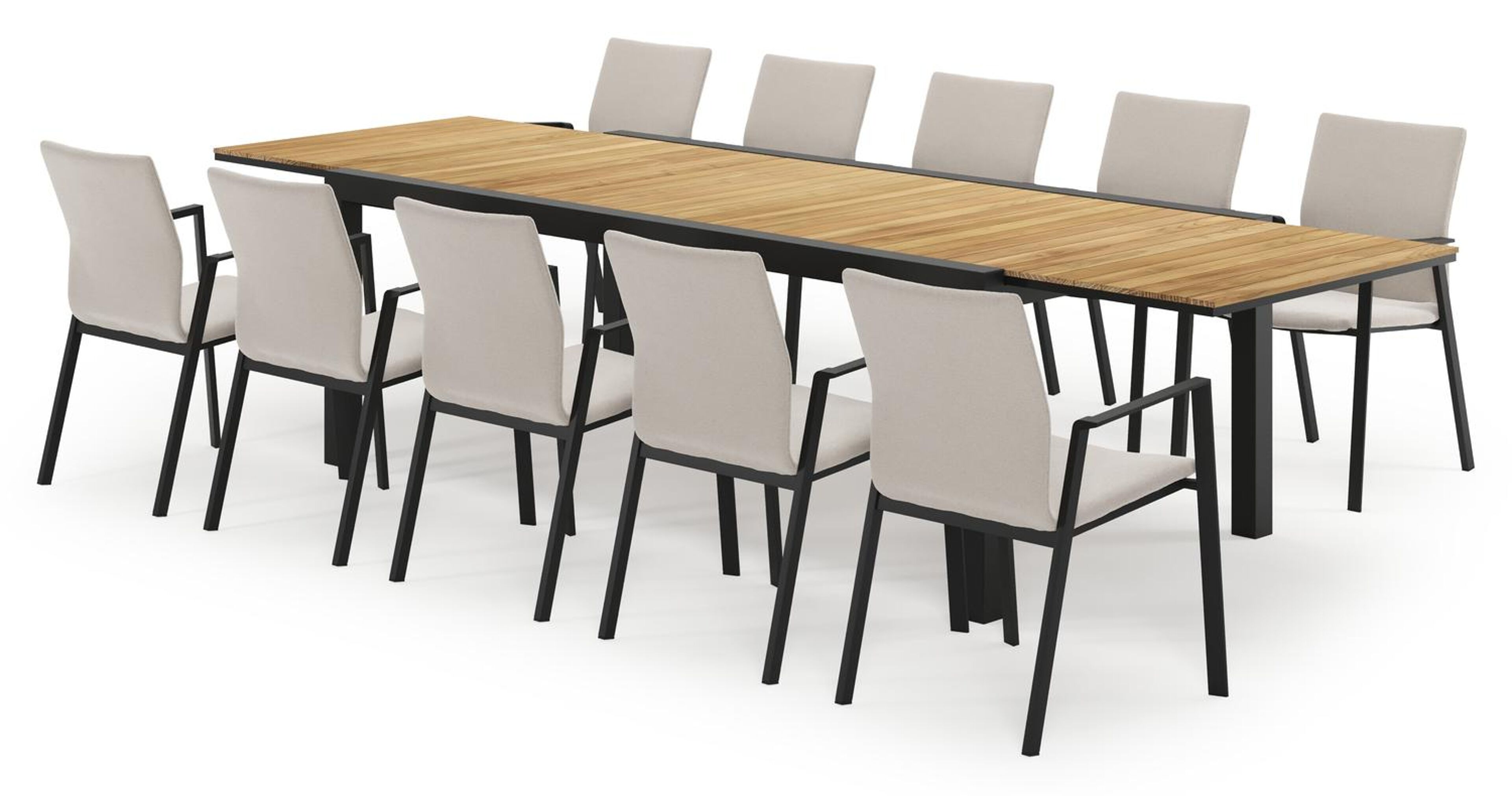 Calobra ensemble de jardin extensible rectangulaire en aluminium noir en teck naturel avec 10 chaises de jardin Madura