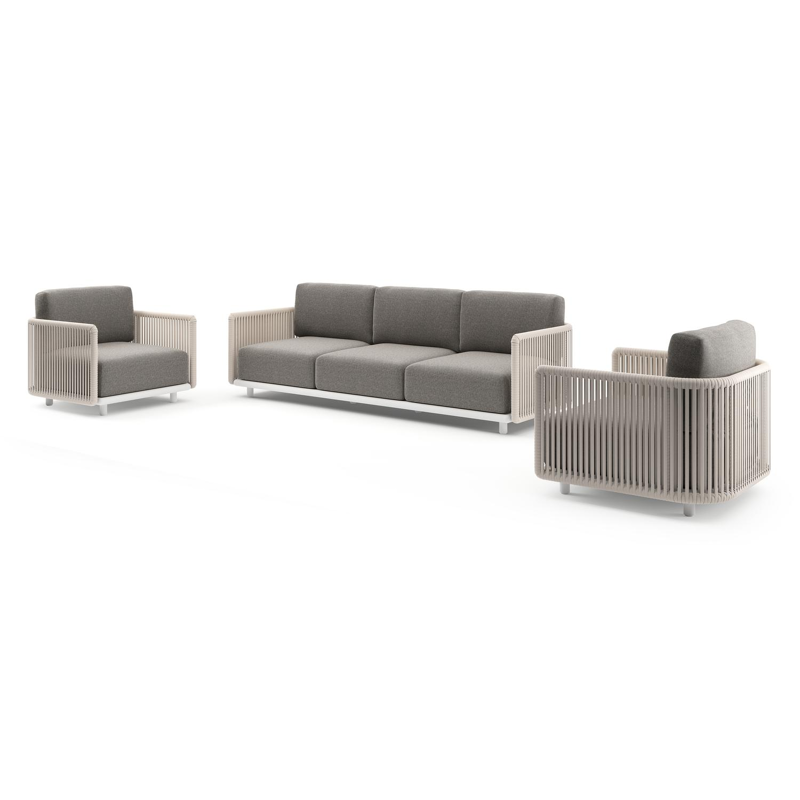 Organo loungeset in wit aluminium en beige verticaal geweven luxe vlakke rope met chartres drizzle all weather Sunbrella® luxe kussen