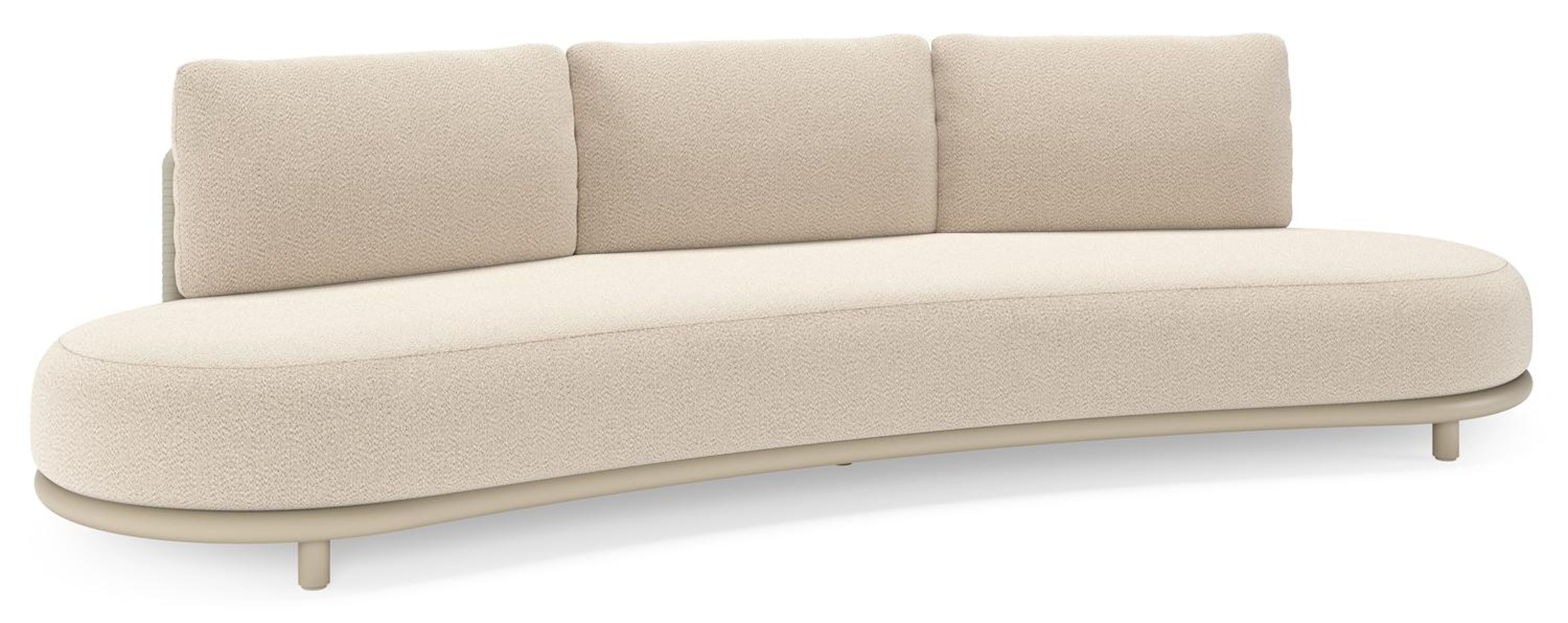 Lomano loungebank in beige aluminium en beige verticaal geweven luxe vlakke rope met Lopi Sand all weather sunbrella® luxe