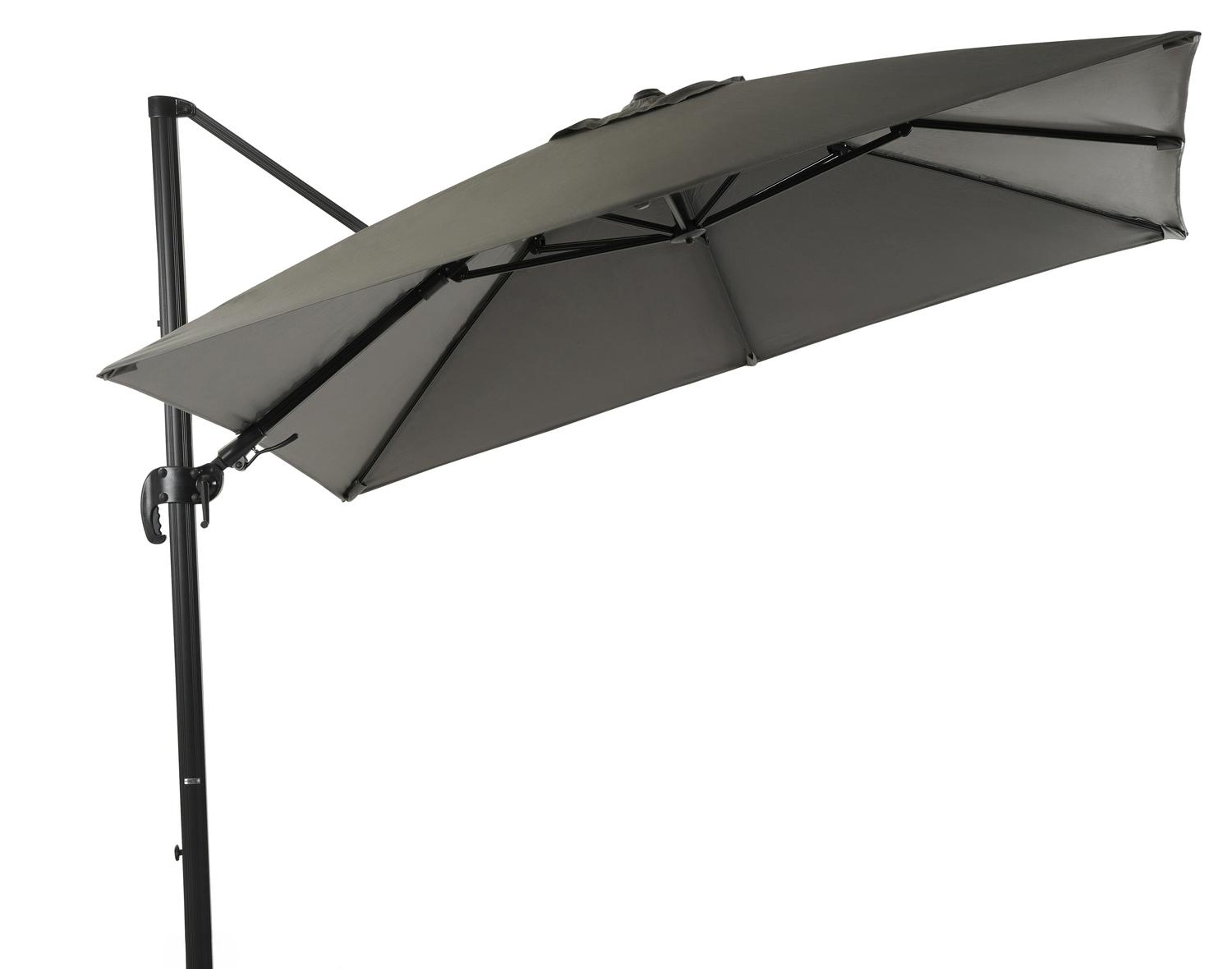 Avola zweefparasol met tiltfunctie in zwart aluminium met grijs sunbrella® premium parasoldoek - L1 300 x L2 300 cm (zonder voet)