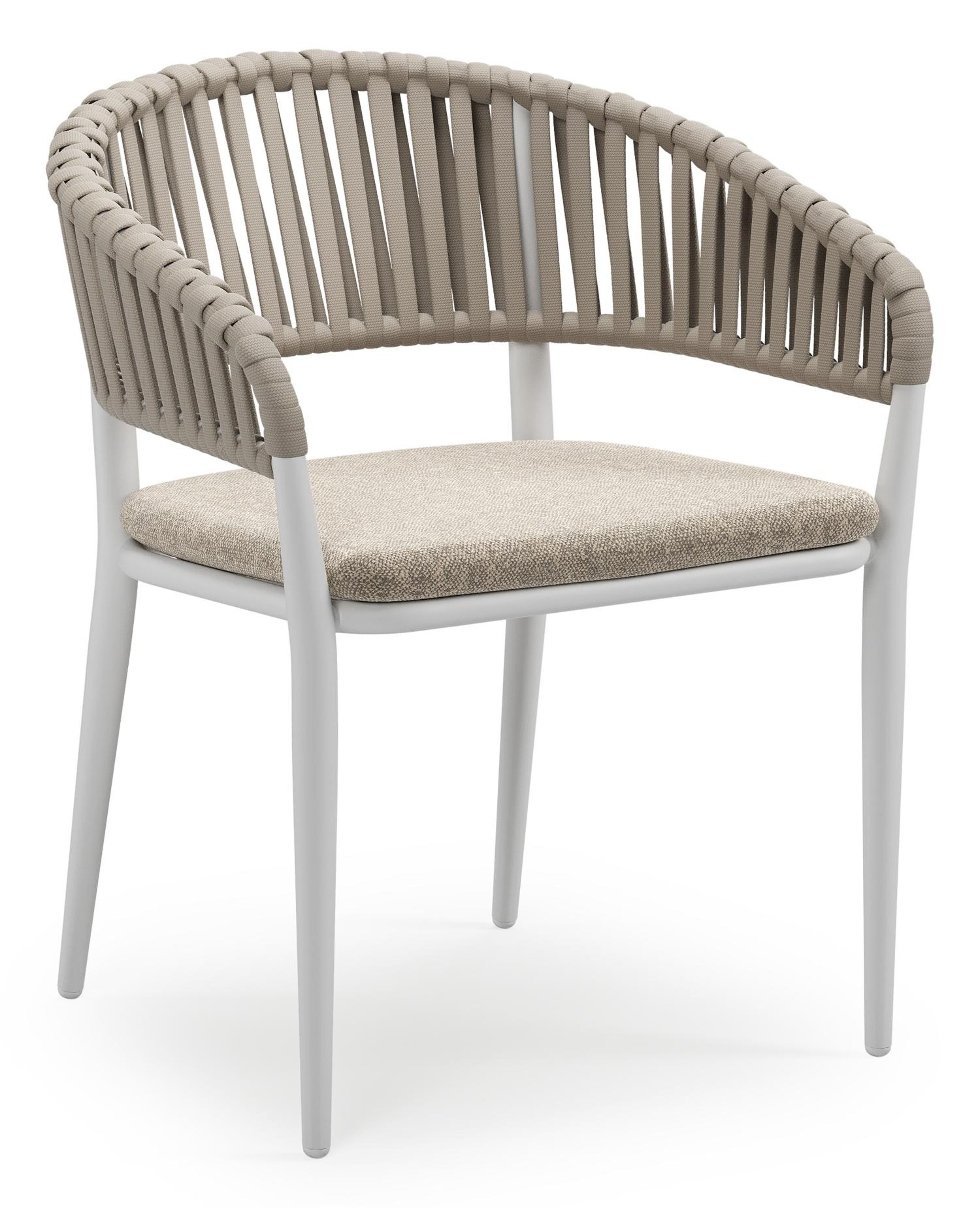 Tolfa stapelbare tuinstoel in wit aluminium en beige verticaal geweven luxe vlakke brede rope met stoelkussen in All Weather Sunbrella® Luxe Chartres Pewter