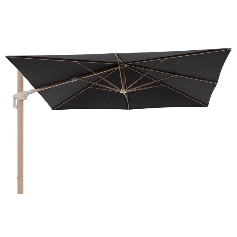 Minore zweefparasol met tiltfunctie in houtlook aluminium en Firenze Tunder All Weather Solica parasoldoek - L1 280 x L2 370 cm (zonder voet)
