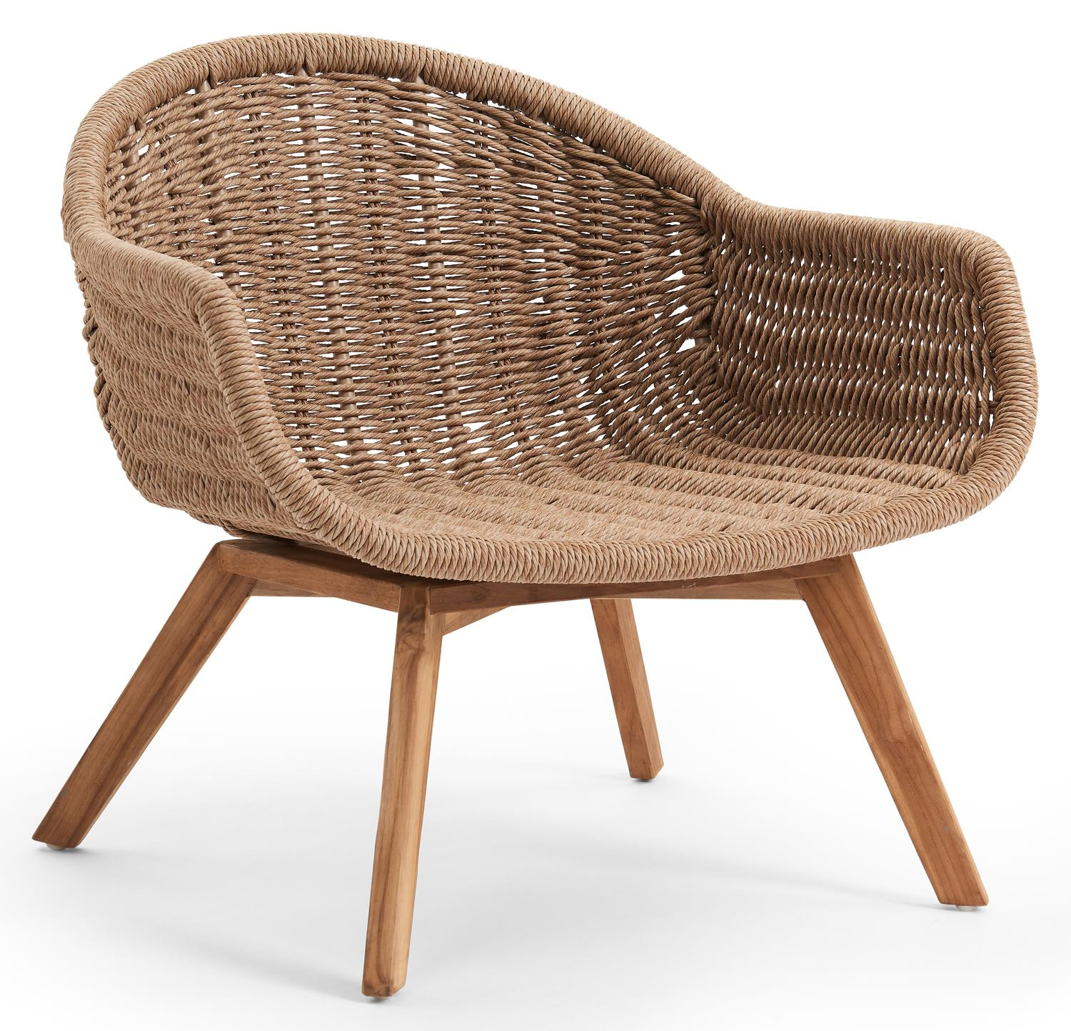 Pagino loungestoel 1-zit in teak en zwart gedraaide ronde wicker