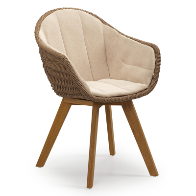 Pagino tuinstoel in teak en bruin ronde wicker met zitkussen in All Weather Sunbrella® Luxe Natte Heather Beige