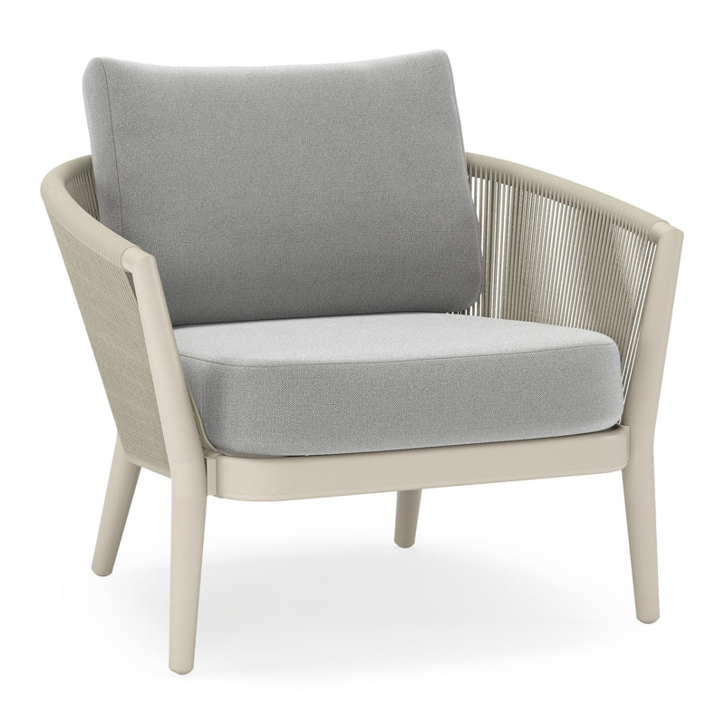 Orso loungestoel in beige aluminium en beige verticaal geweven ronde rope met Savane Grey all weather sunbrella® luxe kussen