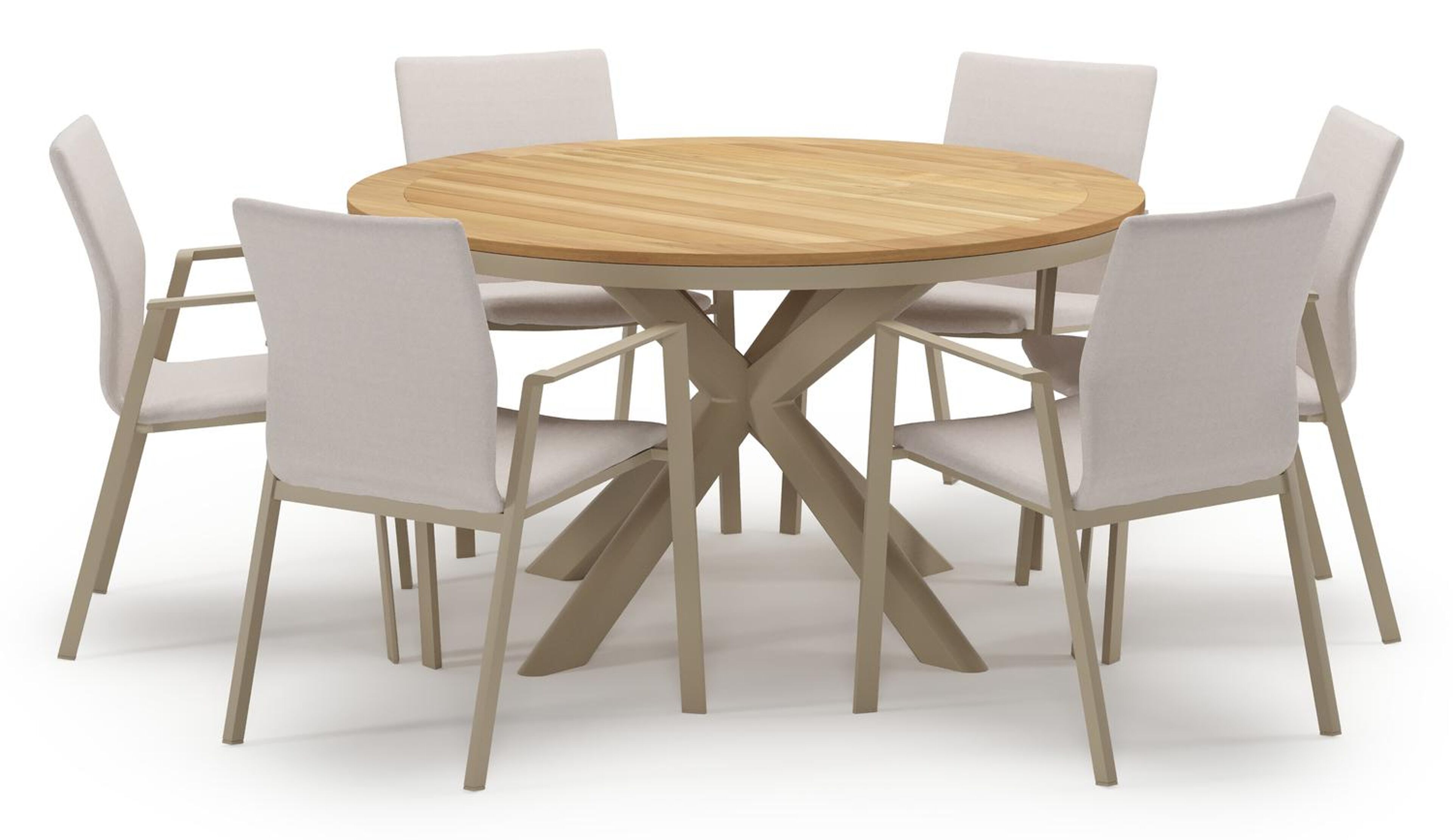 Pamplona tuinset in beige aluminium en teak met 6 stapelbare Madura tuinstoelen