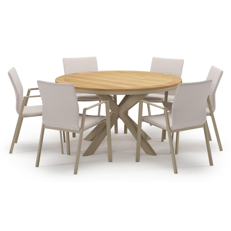 Pamplona tuinset in beige aluminium en teak met 6 stapelbare Madura tuinstoelen