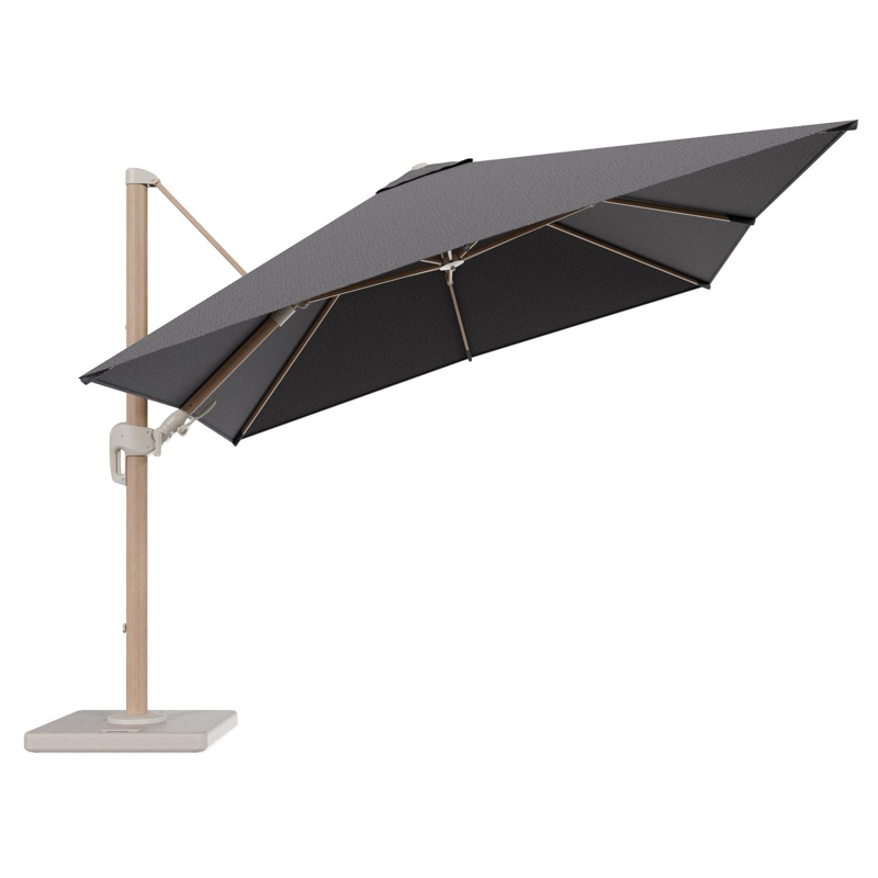 Parasol pendant Rufina avec fonction tilt en aluminium aspect de bois et toile de parasol en All Weather Solica Firenze Tunder - Lg.1 300 x Lg.2 300 cm avec pied de parasol Lapido 120 kg